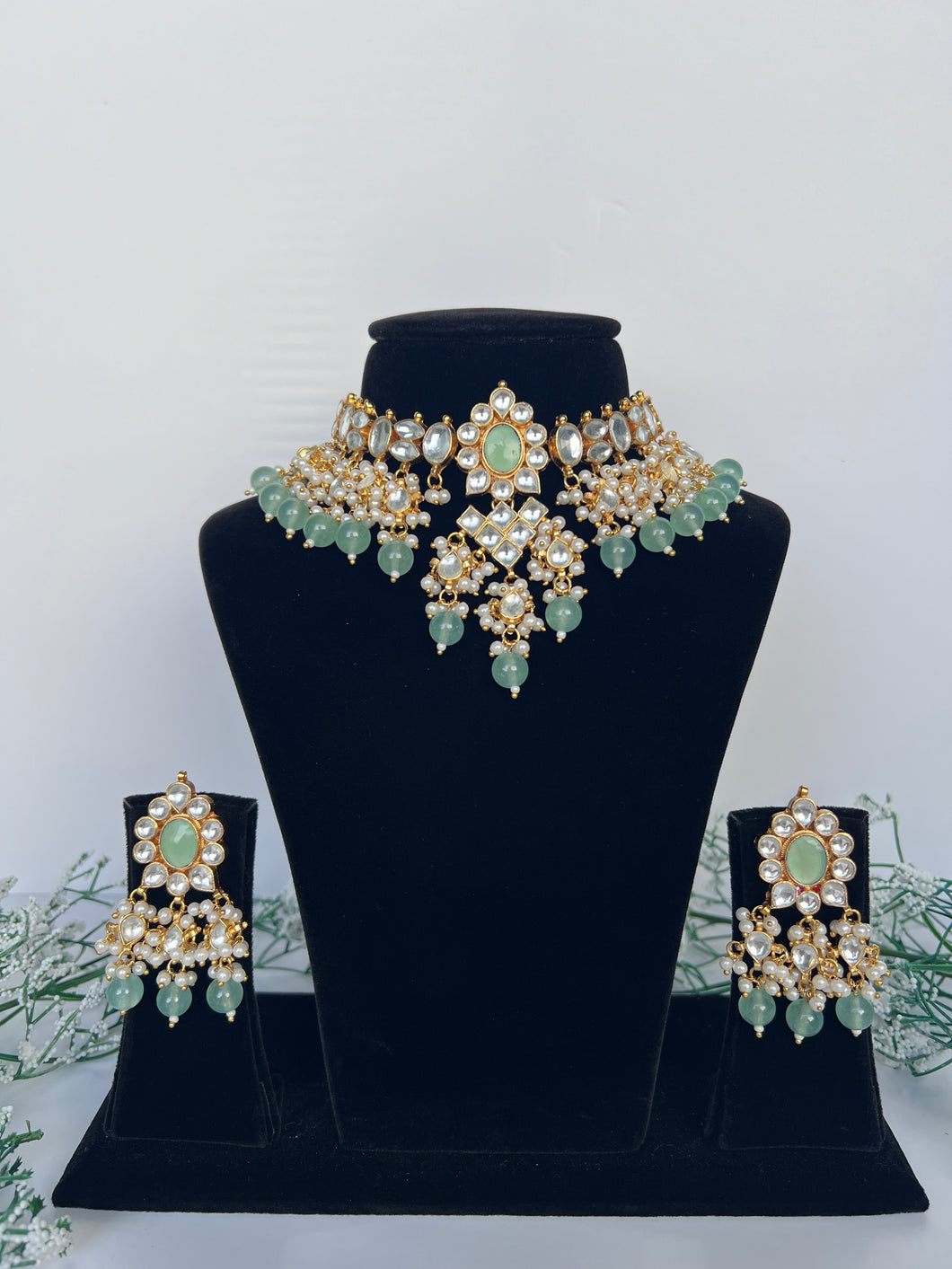Amisha Kundan Set in Sage