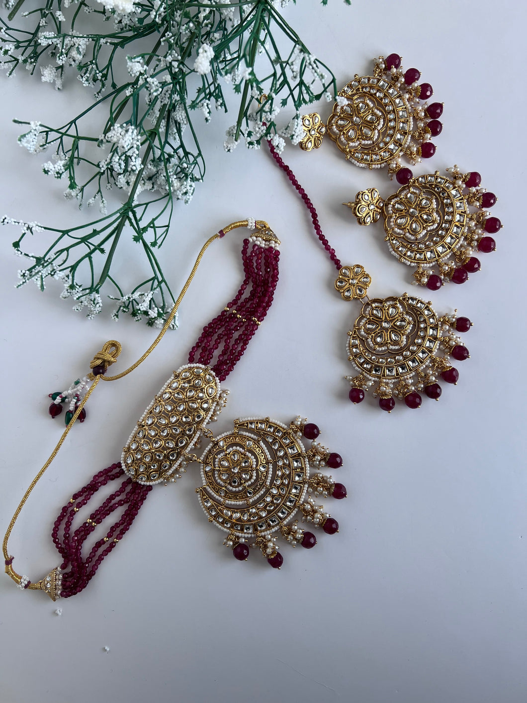 Maroon kundan locket set