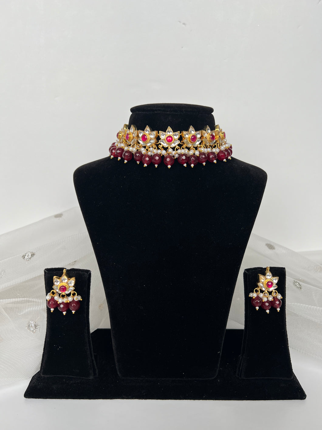 Lotus Flowers Kundan Set (maroon)