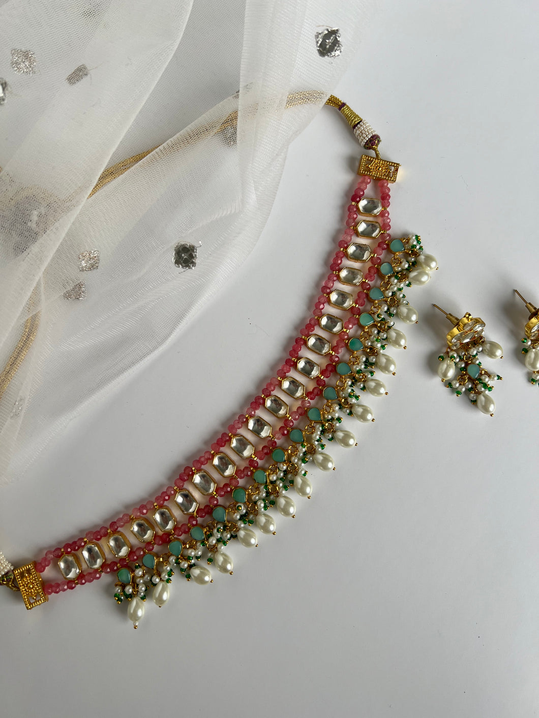 Pink and Sage Kundan Set