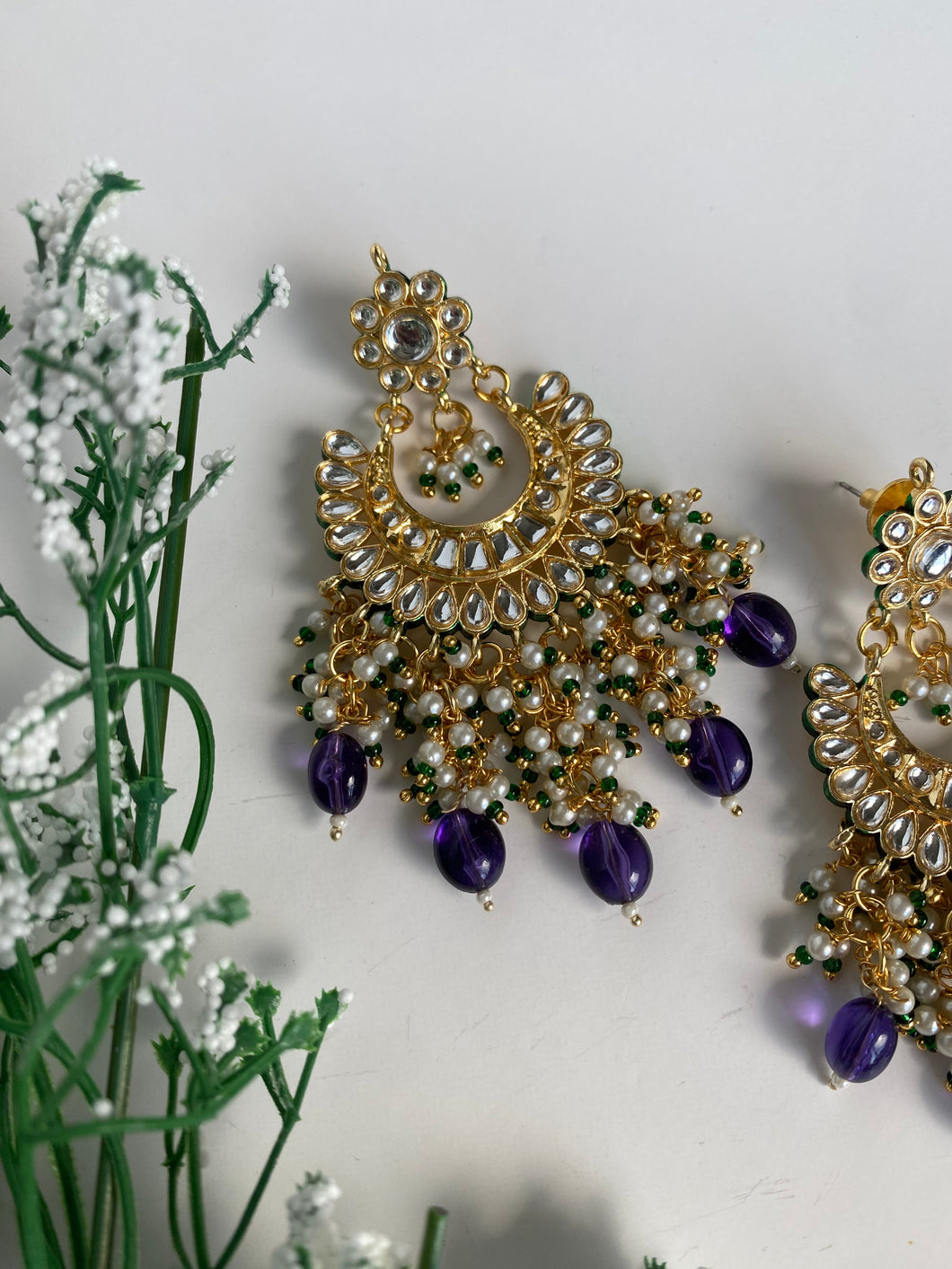 Jind Kundan Earrings Purple