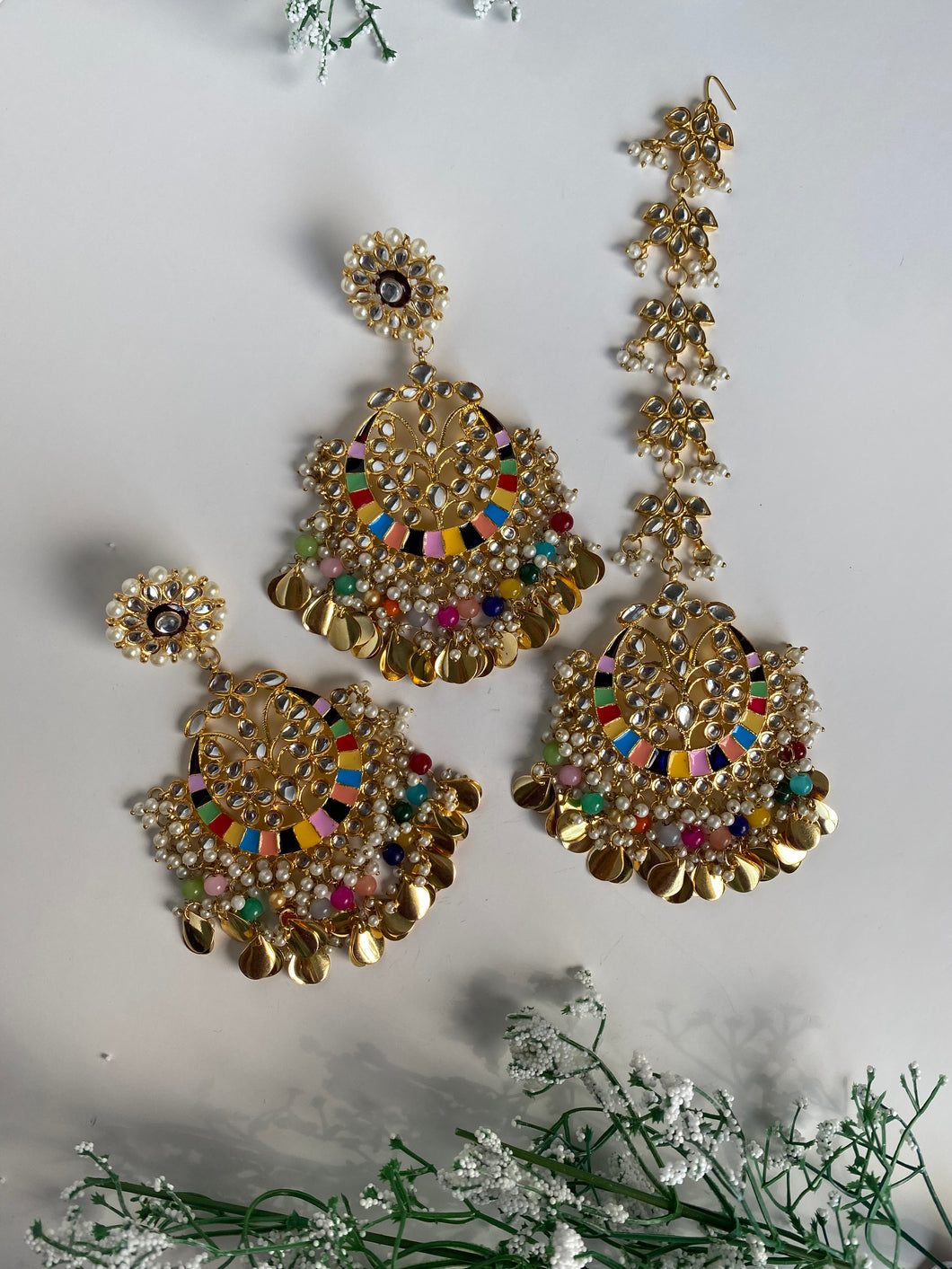 Multi Kundan Earrings & Tikka